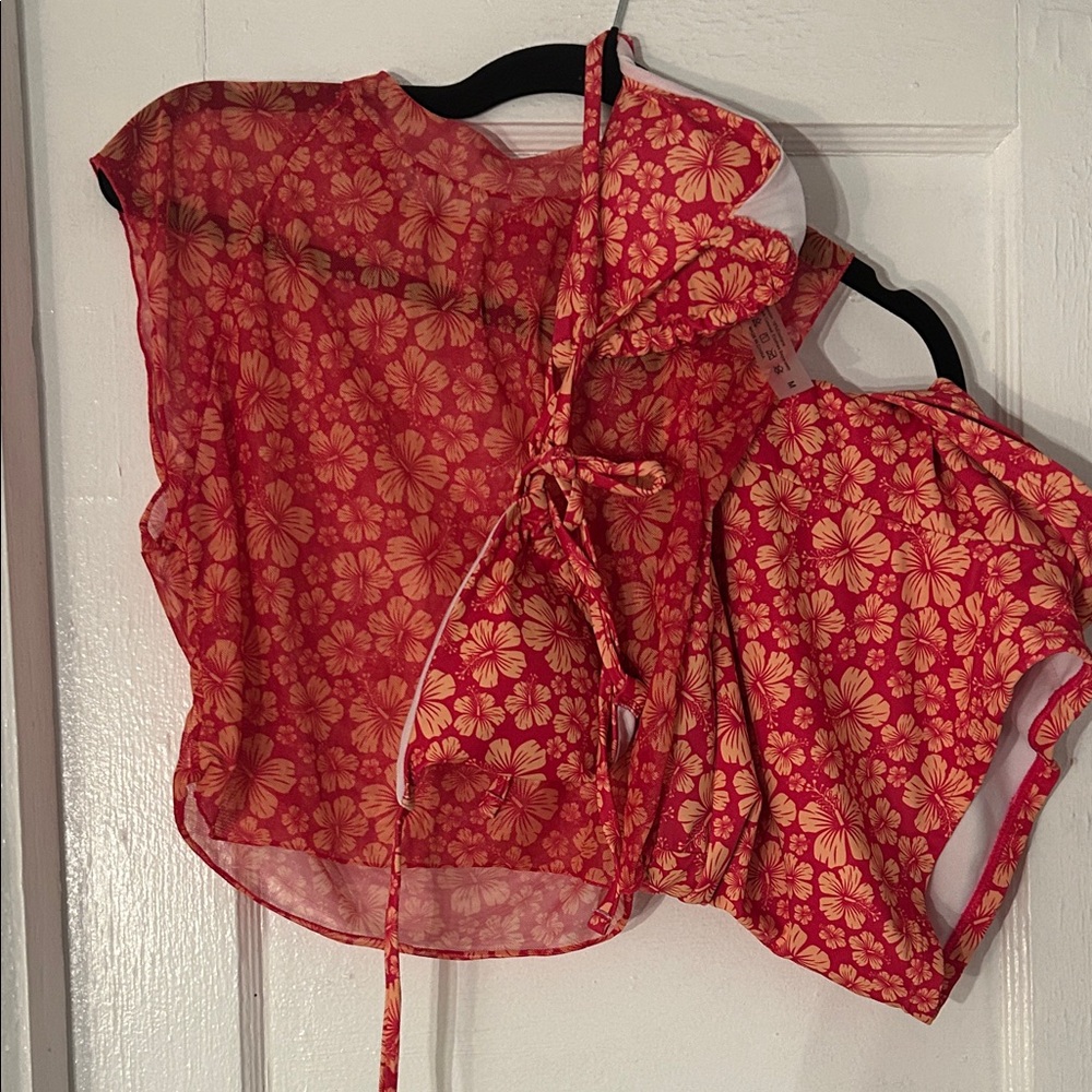 Red Floral Sheer Blouse and Bikini set